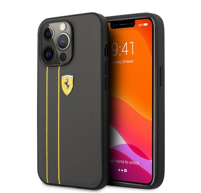 CG MOBILE Ferrari Genuine Leather Hard Case with Debossed Stripes Compatible for iPhone 13 Pro Max (6.7") Shock & Scratches Resistant, Easy Access to All Ports