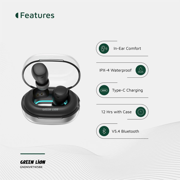 Green Lion Denver True Wireless Earbuds with IPX4 Waterproof, Voice Assistant, In-ear Comfort, Dual-Mic, Touch Control, 3 Hours Playtime - Black
