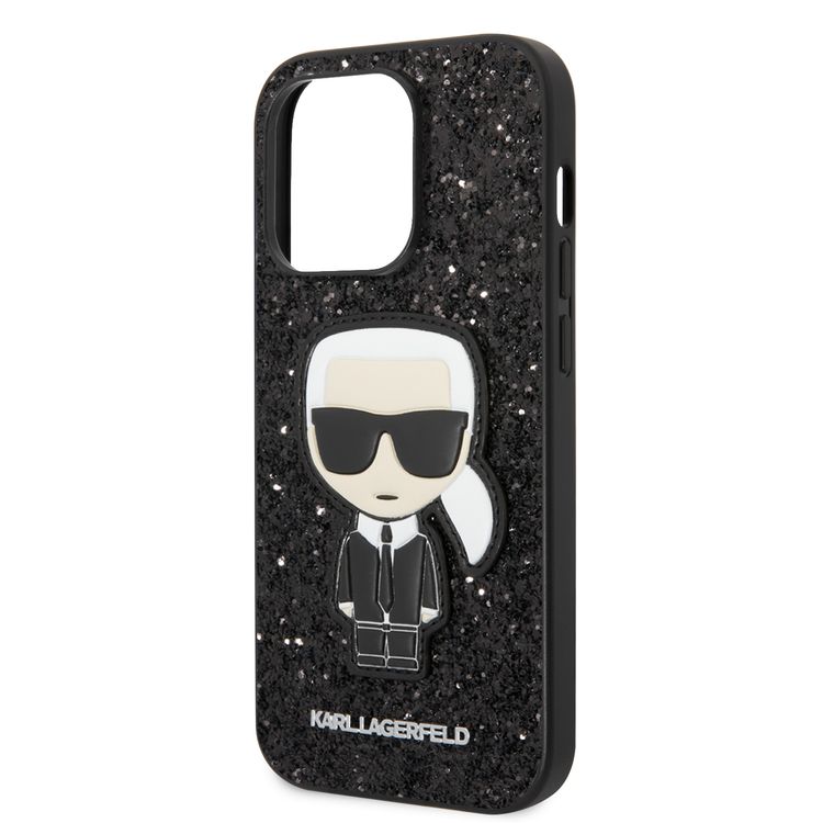 Karl Lagerfeld Glitter Flakes Case with Ikonik Patch Shockproof iPhone 14 Pro Compatibility - Black