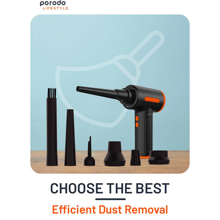 Porodo Handheld Air Duster with 6 Replaceable Nozzles, Up to 30 Minutes Working Time, Air Vacuum Function, 7500mAh Battery Capacity, 3 Speed Levels - Black