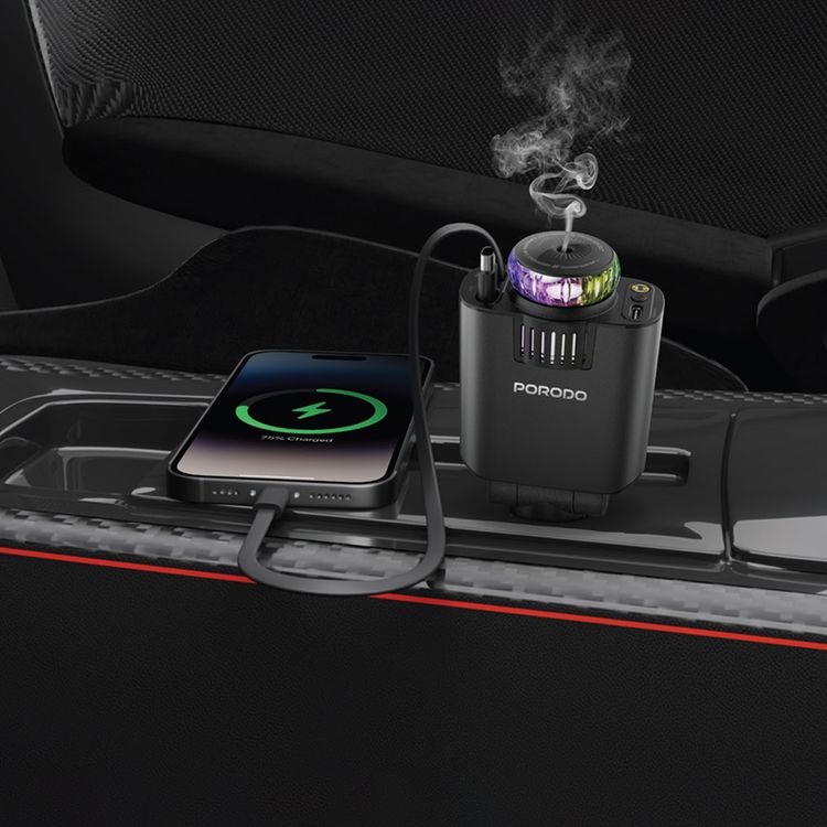 Porodo Aromaglow 120W Car Charger with Aromatherapy Diffuser, Fast Charge Support, PD 30W, 180° Adjustable Head, 2× 80cm Retractable Cables, Type-C Port, ABS + PC & Aluminum Alloy Material, LED Starry Lights, RGB Light - Black