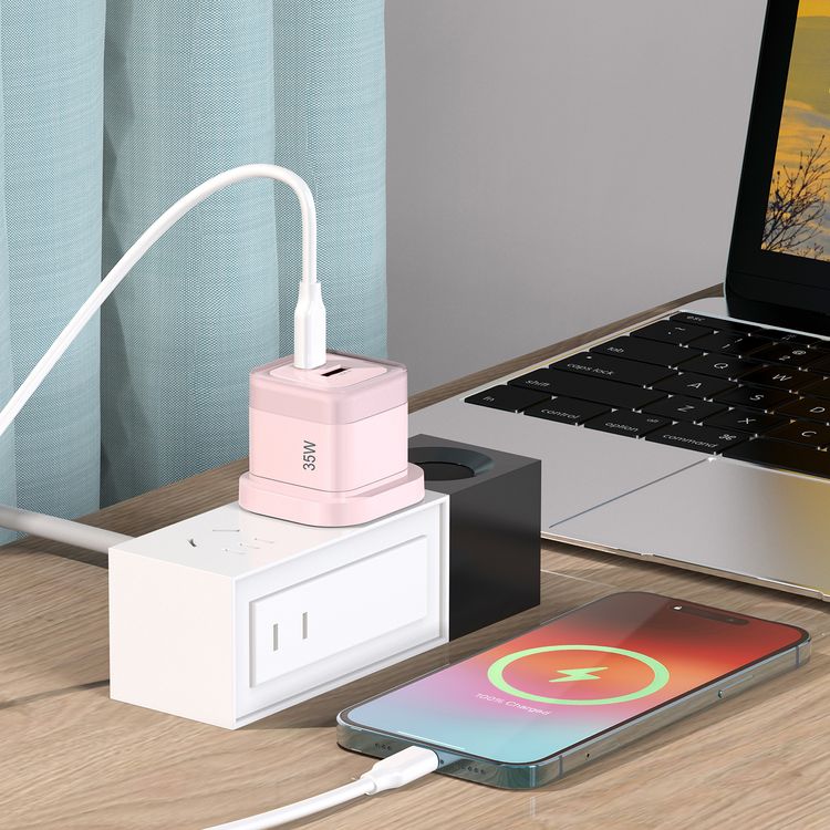 Powerology Lunex Dual-Port Fast Charging Adapter with USB-C & USB-A Ports, 35W Power Delivery, 22.5W USB-A Output, UK 3-Pin Plug, Universal Protocol Support, Multi-Device Charging - Pink