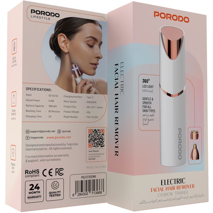 Porodo Electric Facial Hair Remover & Eyebrow Trimmer with Protective Cover, 180mAh Battery, Built-in 360° LED Light, Up to 80 Minutes Working Time, USB-C Charging Port, 10000RPM Motor Speed - White