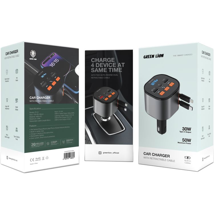 Green Lion FM Retractable Car Charger with Type-C & USB-A Ports, ABS & PC Material, Built-in 80cm Cables, Safety Fuse, Overcurrent & Short-Circuit Protection, Digital Display, Button Controls, 180° Adjustable Angle - Black