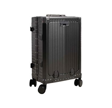 حقائب السفر Levelo RoamRollers 20" مع هيكل من الألمنيوم، منافذ إخراج USB-A وUSB-C، حماية معدنية للأركان، جيب أمامي متوافق مع أجهزة اللابتوب حتى 15.6"، حامل للهاتف والكوب، عجلات دوارة صامتة - أسود.