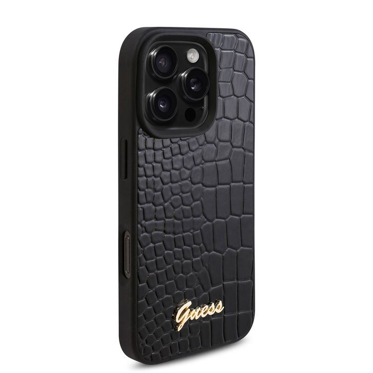 Guess PU Croco Hard Case with Script Logo for iPhone 16 Pro Max, Lightweight, High-Quality Material, Easy Snap-on - Black