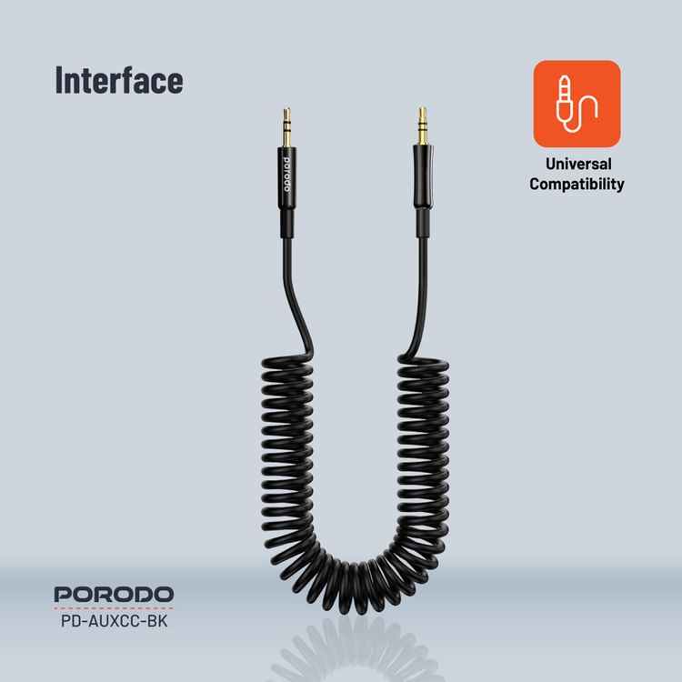 Porodo 3.5mm AUX to 3.5mm AUX Coiled Audio Cable with 1.2m Length, Universal Compatibility, Auto-Retract & Tangle-Free Design - Black