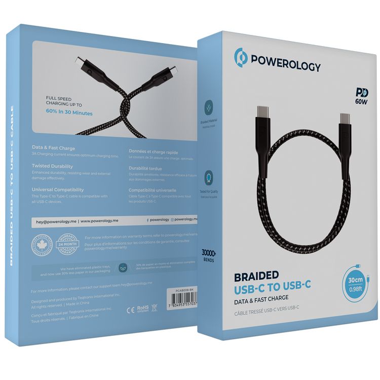 Powerology Braided USB-C to USB-C with 60W Power Delivery, 30cm Cable Length, Universal Compatibility, Fast Charge & Data Transfer - Black