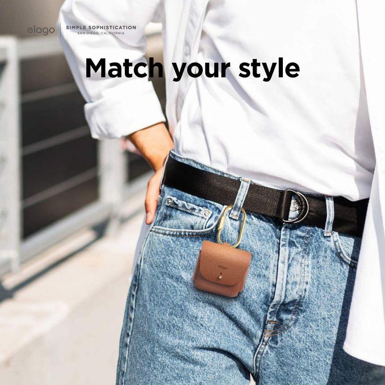 Elago Leather Case with Keychain Compatible with AirPods 3 Case, Natural Cowhide Leather Case with Brass Ring Holder, Supports Wireless Charging - Brown