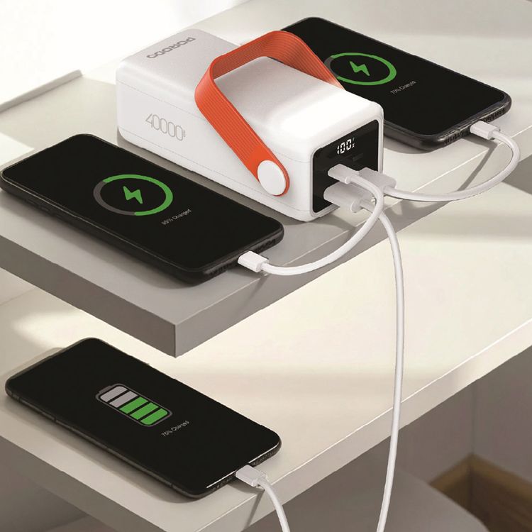 Porodo PortaPower 40000mAh Power Bank with Built-in LED Lighting, PD 20W, 22.5W Max USB-A Output, Flashlight, Portable Handle, Multiple Output Ports, Smart Protection Features, Fast Charging - White