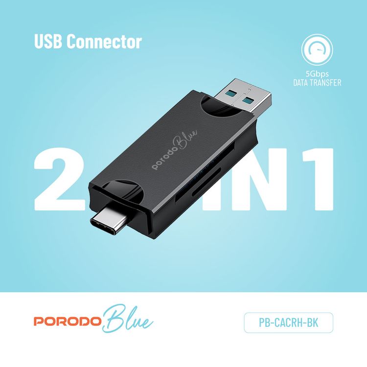 Porodo Blue 2-in-1 Card Reader with 5 Storage Slots, 5Gbps Data Transfer Speed, SD and Micro SD Card Slots, V3.0 USB and Type-C Connector, Compact and Portable - Black