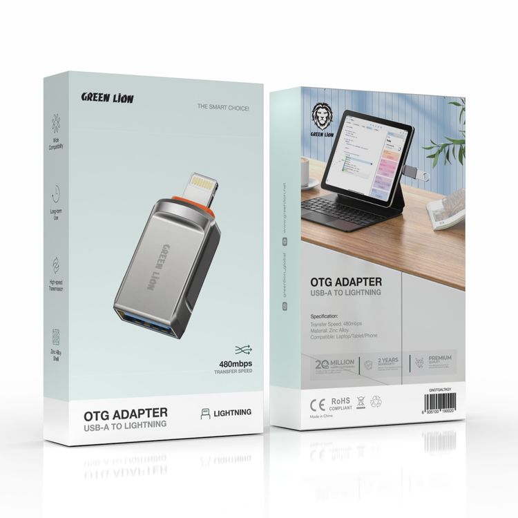 Green Lion OTG 2.0 Adapter, USB-A to Lightning, Long-term Use, Wide Compatibility, 480Mbps High Transfer Speed, Zinc Alloy Shell - Gray