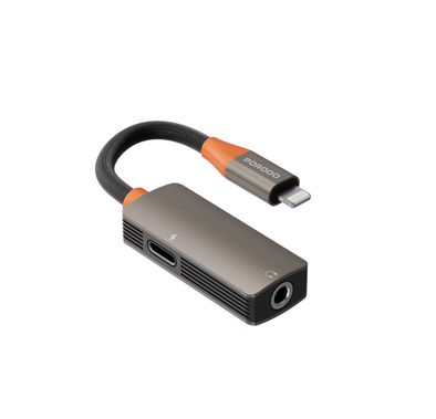 Porodo AudioLink Duo Lightning & 3.5mm Jack Splitter, 9cm Cable Length, Braided Nylon with Aluminum Shell Material, Charge & Listen Simultaneously, Tangle-Free Design, Plug & Play - Black / Orange