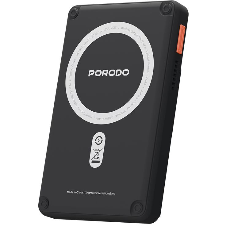 Porodo 10000mAh MagSafe Power Bank with Smart Thermal Cooling, 20W PD USB-C Output, 15W Wireless Charging Output, 10W Lightning Input, Built-in Stand, RGB Dynamic Lights - Black