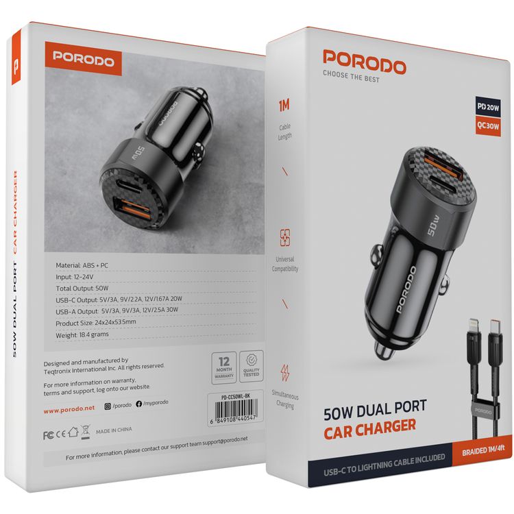 Porodo 50W Dual Port Car Charger USB-C to Lightning Cable, 50W Total Output, Simultaneous Charging, Portable, 1m Cable Length - Black