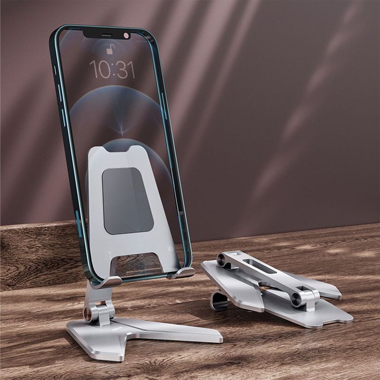 Porodo Aluminum Alloy Mobile Stand with Flexible Viewing Angle, 4" to 8" Phone Compatibility, Horizontal & Vertical Modes, Stable & Non-Slip Base, Foldable Design - Silver