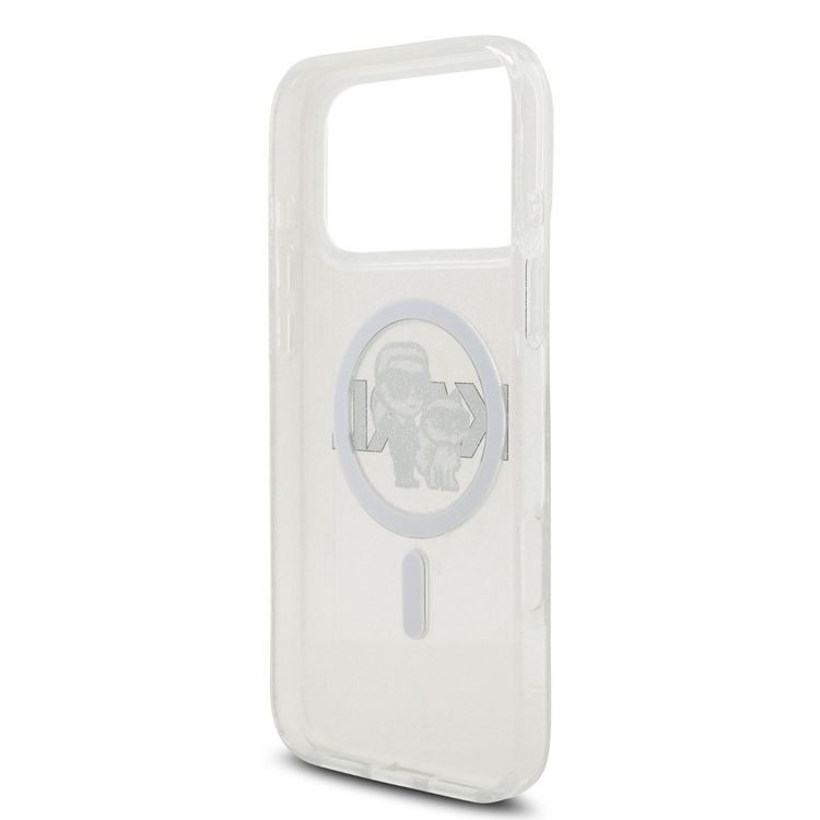 غطاء Karl Lagerfeld MagSafe IML Glitter مع رؤوس Karl & Choupette لهاتف iPhone 17 Pro Max، حماية من الصدمات، تصميم نحيف وخفيف الوزن، تثبيت سهل، قبضة مريحة، تغليف مستدام - شفاف