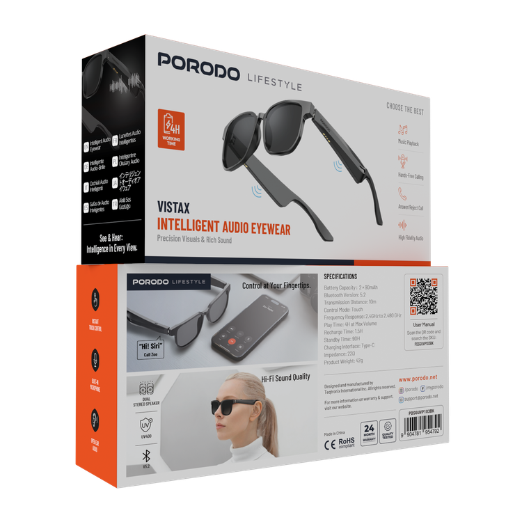 Porodo Lifestyle Vistax Intelligent Audio Eyewear with Built-in Microphone, 4 Hours Playtime, Magnetic Charging Interface, UV400 Protection, Bluetooth Version 5.2, 10m Transmission Range, 2x 90mAh Battery Capacity, Button Control, Dual Stereo Speakers, Hi-Fi Sound Quality - Black