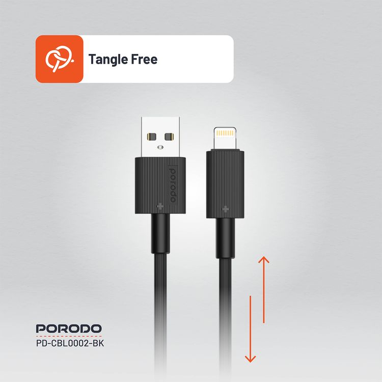 Porodo USB A to Lightning PVC Cable, 480Mbps, 2.4A Current, more than 15000 Bends Life Span, 1.2m Cable length, Tangle Free - Black