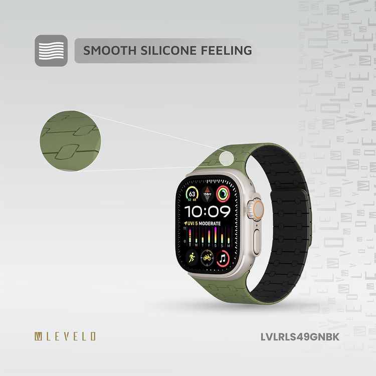 سوار سيليكون Levelo Royallink مزدوج اللون لساعة Apple مقاس 49/46 ملم، مصنوع من مادة مضادة للحساسية، يحتوي على 32 مغناطيس مدمج، مقاوم للماء والعرق، نظام تثبيت مغناطيسي قوي، سهل التركيب - أخضر / أسود.