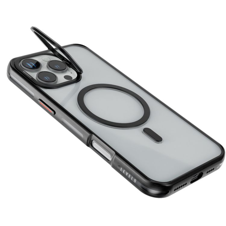 Levelo Elio PC Case with Camera Ring Stand for iPhone 16 Pro Max, Built-in Kickstand, MagSafe Compatible - Black 