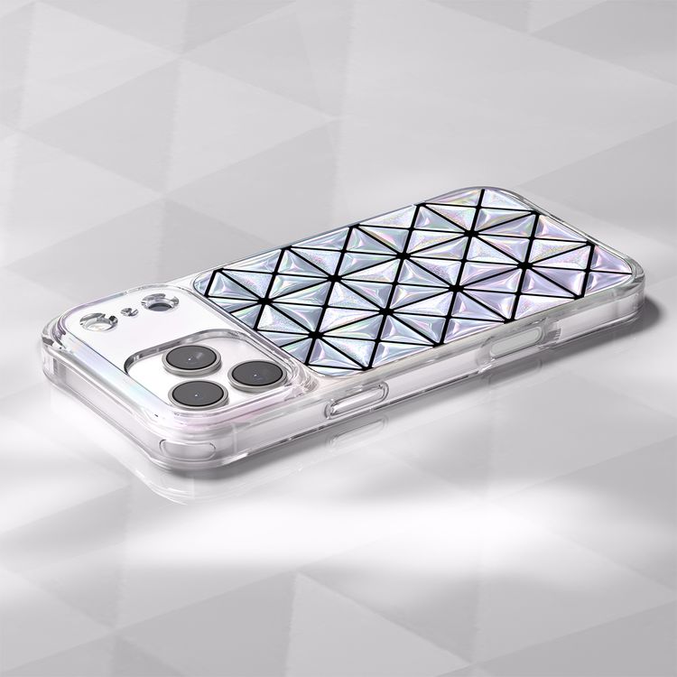 غطاء Levelo Hexa 3D الهندسي لهاتف iPhone 17 Pro Max، زوايا مقاومة للصدمات، حواف مرتفعة للكاميرا والشاشة، مصد مقاوم للصدمات، تقنية Ever-Clear، مجرب ضد السقوط - لون فضي
