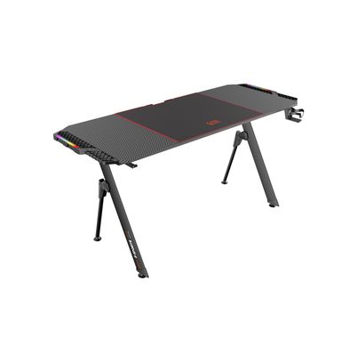 Porodo Gaming E-Sports Gaming Desk with Rubber Mousepad, Built-in Headphone Mount, Cup Holder & Cable Management Box, RGB Lighting Panel, Large Surface - Black