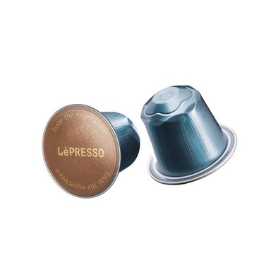 LePresso Aluminum Capsules for Nespresso with 11-Level Coffee Intensity, 70% Arabica 30% Robusta, Dark Chocolate & Earthy Aroma, Dark Roast Level, 10 Capsules Included - Blue