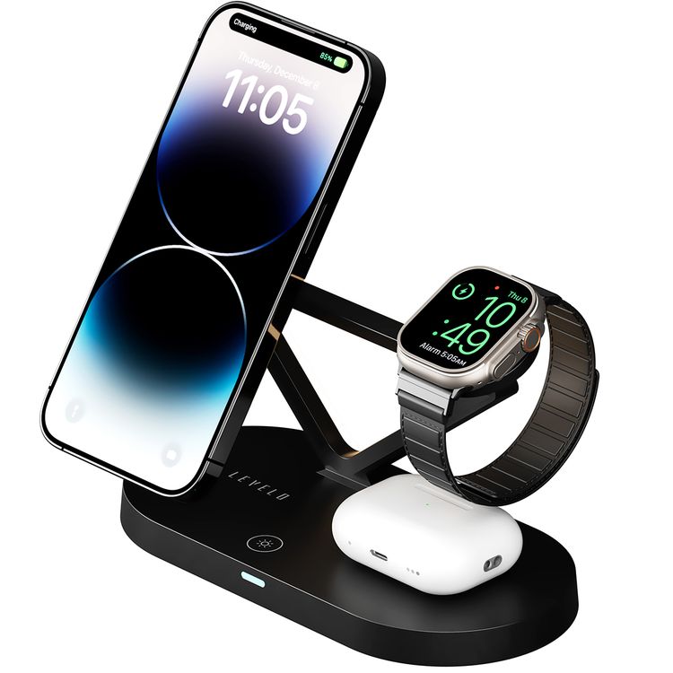 Levelo Premio 5-in-1 Wireless Charger with MagSafe Compatibility, 15W Fast Wireless Charging, Overcurrent Protection, Built-in LED Light, Automatic Object Detection - Black