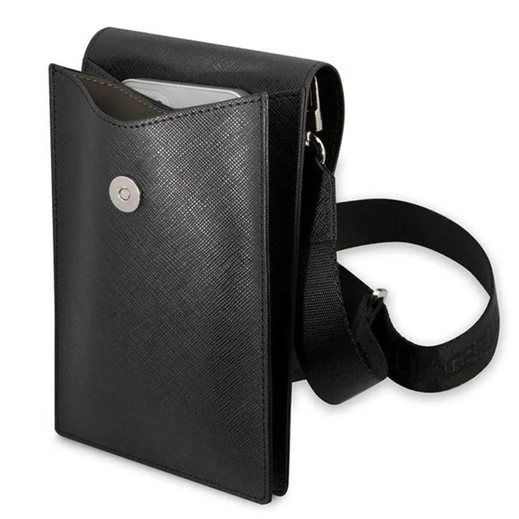 Karl Lagerfeld Autograph Chain Phone Pouch with Strap & Built-in Card Slots, ECO Leather Material, Clean & Luxurious Design, 2 Interior Pockets, Lightweight & Compact - Black