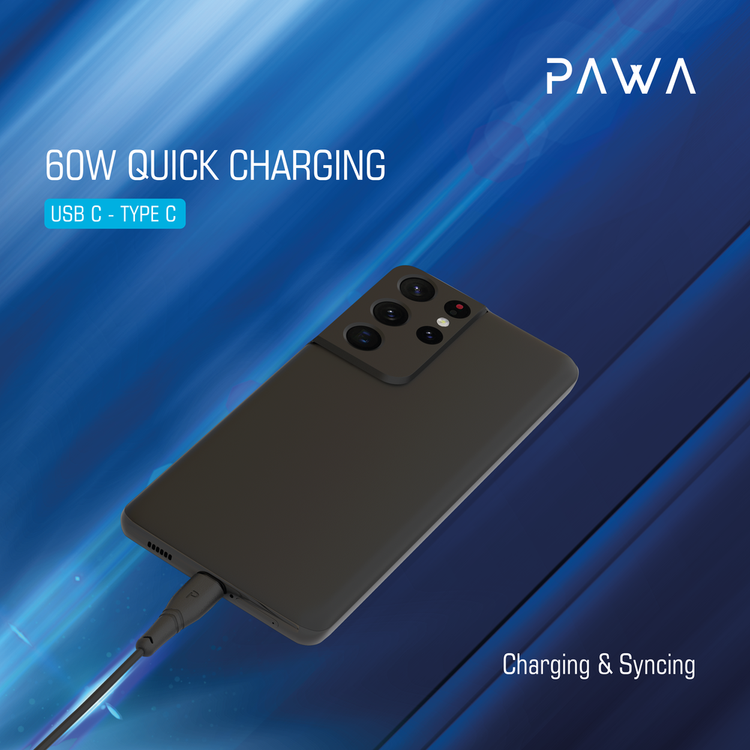 Pawa PVC 60W Data & Quick Charging USB-C to USB-C Cable 1.2m/4ft - Black