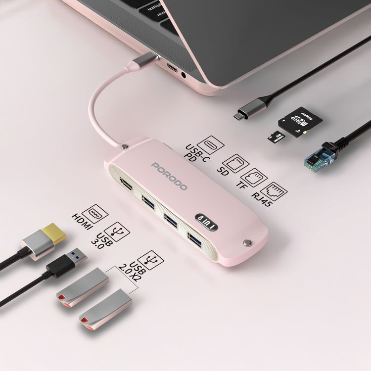 Porodo Malone Multi-Port USB-C Hub with 140mm Cable Length, 5Gbps USB 3.0 Transfer Rate, Plug & Play Design, 100W Power Delivery, SD & TF Reader,  Fast Data Transfer - Pink
