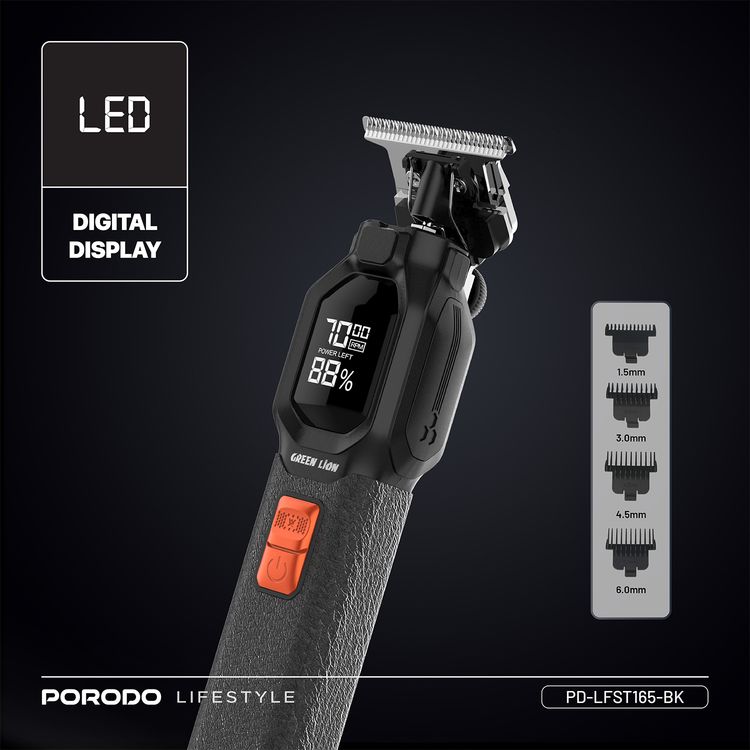 Porodo Multi-Purpose Trio Grooming Kit with Hair Clipper & Beard Shaver, 5W Rated Power, 200 Minutes Working Time, 4 Combs, 2000mAh Battery Capacity, LED Digital Display, 7000RPM Motor Speed, USB-C Charging - Black