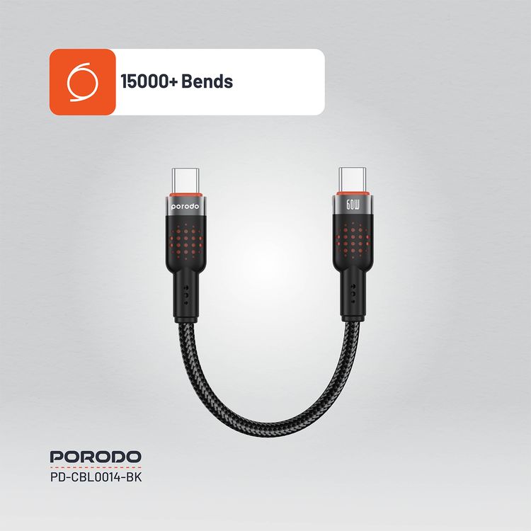 Porodo USB-C to USB-C Braided Cable with 60W Power Delivery, 480Mbps Transfer Speed, Braided & Tangle-Free Design, 15000+ Bends Lifespan, Fast Charge & Data Sync - Black