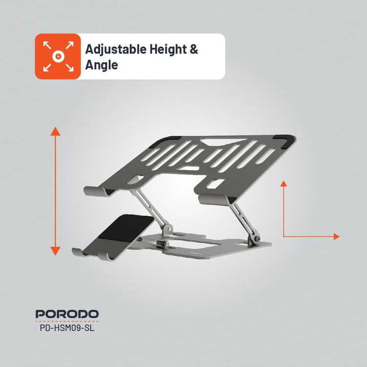 Porodo Smart Folding Multi-Device Stand with Phone Holder, Carbon Steel & Silicone Rubber Material, 10-17" Devices Compatible, Adjustable Height & Angle, Folding Design, Non-Slip & Secure - Silver