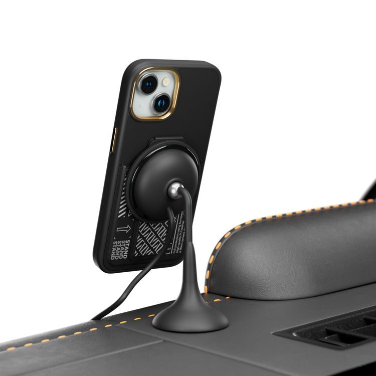 جراب Levelo Morphix Cuero Gripstand لهاتف iPhone 15 مع حامل بطاقات، أوضاع متعددة، مادة جلد البولي يوريثان، حواف مقاومة للصدمات - أسود