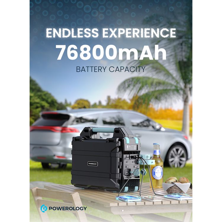 Powerology 76800mAh 300W Portable Power Generator Integrated Solar Panel, 18W QC 3.0, PD 60W, Car Charger Output 10A, 60W Type-C Input - Black