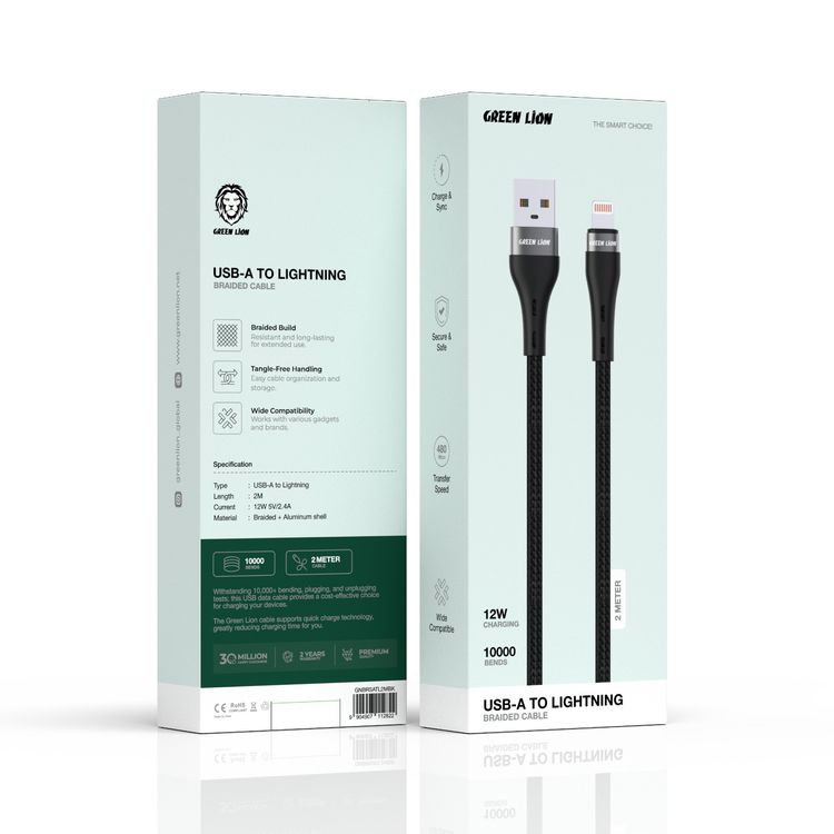 كابل جرين ليون USB-A إلى Lightning مضفر بطول 2 متر، يتسم بمقاومة التشابك، وتوافق واسع، وشحن و مزامنة، آمن و مأمون، سرعة نقل بيانات 480 ميجابت في الثانية، وعمر افتراضي يصل إلى 10000 انحناء، خامة هيكل من الألومنيوم - لون أسود.