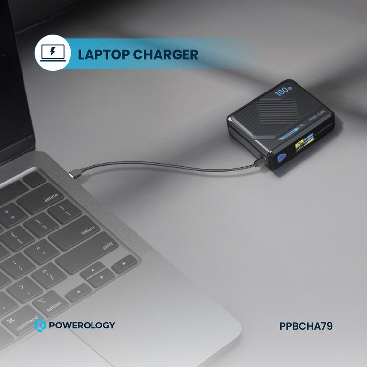 Powerology Ultra Mini 20000mAh Power Bank with Simultaneous Charging, Power Info Display, 100W Power Delivery, 15W Wireless Charging - Black