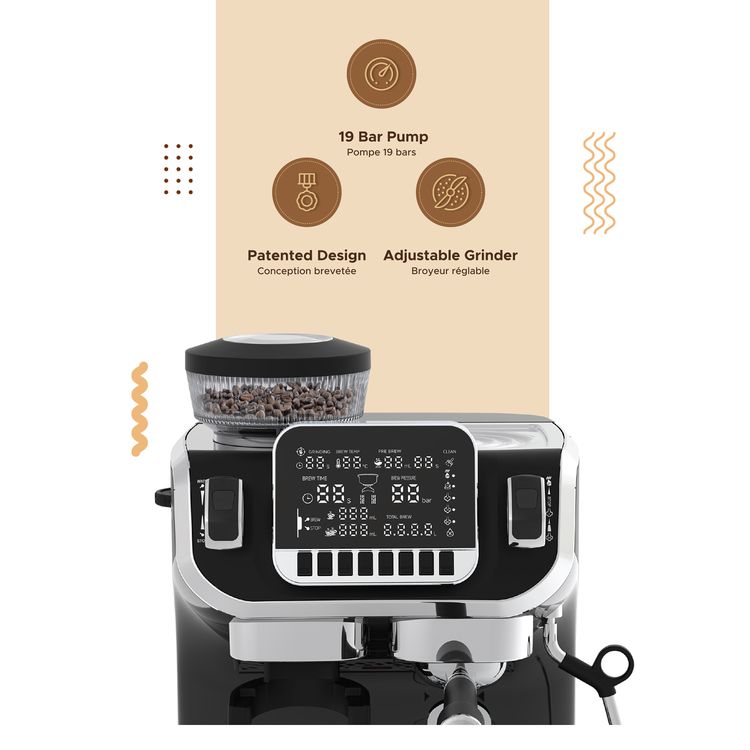 Lepresso Espresso Coffee Maker with Bean Grinder and LCD Display, Adjustable Grinder, Patented Design, Single Boiler Type - Black