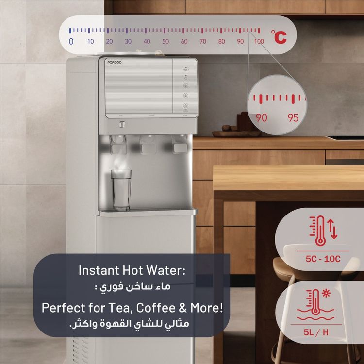 Porodo Lifestyle Water Dispenser & Ice Maker with 5°C - 10°C Cold Water Temperature, Child Safety Lock, Energy Efficient, Top Load Design, 9 Pieces of Ice per Cycle - Silver