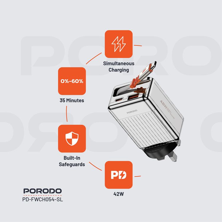 Porodo Super Quick GaN Charger with 75cm Retractable Type-C Cable, 42W Power Delivery, Simultaneous Charging, 22.5W USB-A Output, Built-in Safeguards - Silver