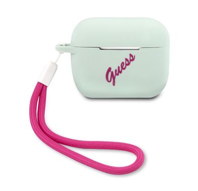 CG MOBILE Guess Silicone Vintage Case Fuchsia Logo with Lanyard Compatible for AirPods Pro, Scratch & Drop Resistant, Dustproof & Absorbing Protective Silicone