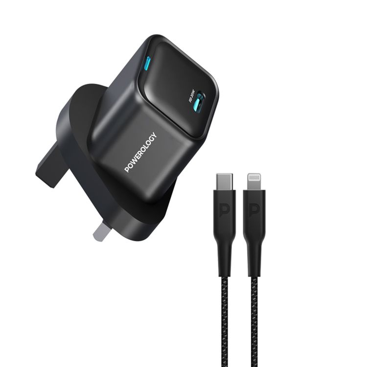 Powerology Ultra-Compact GaN Charger with USB-C to Lightning Braided Cable, 20W Power Delivery, Lightweight & Compact Design - Black