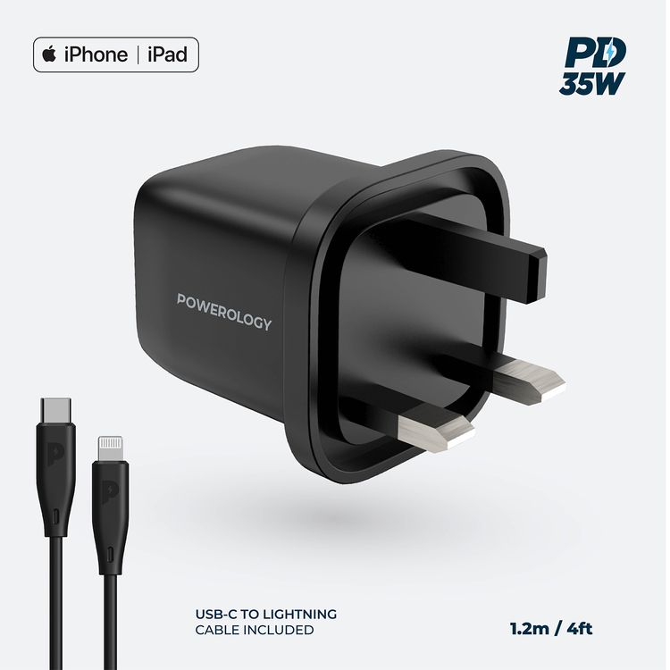 Powerology Ultra-Quick 35W GaN Charger with Type-C to Lightning Cable, 1.2m Cable Length, 35W USB-C Output, Built-in Safeguards, 0%-60% Charge in 35 Minutes - Black