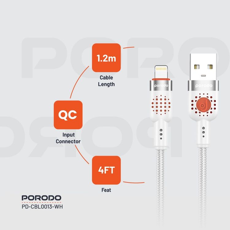 كابل مضفر من سبائك الألومنيوم من بورودو USB-A إلى Lightning 1.2، سرعة نقل 480 ميجابت في الثانية، 2.4 أمبير، عمر افتراضي يزيد عن 15000 ثنية، خالٍ من التشابك - أبيض