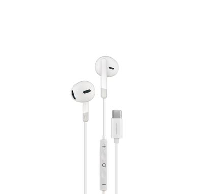 Powerology Type-C Stereo Earphones with HD Sound Quality, In-ear Design, 1.2m Cable Length, Voice Assistant Support, In-Line Control Button, Lightweight & Comfortable Design - White