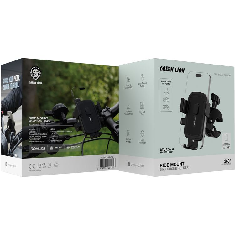 Green Lion Ride Mount Bike Phone Holder with Quick-Release Button, Adjustable Viewing Angle, Compatible with 4.7-6.8" Devices, 15-40mm Mount Clamping Range, Non-Slip Grip - Black