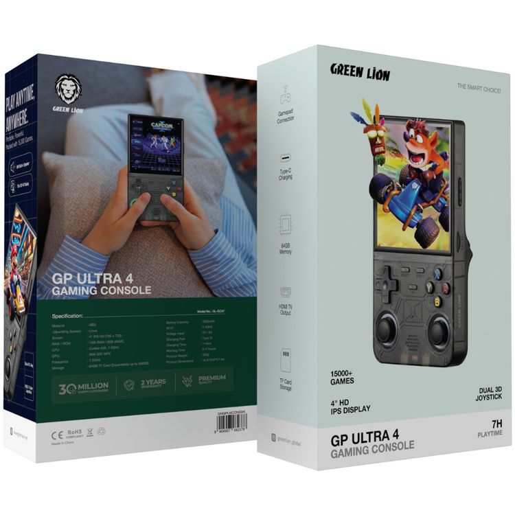 Green Lion GP ULTRA 4 Gaming Console with +15000 Games, Type-C Charging, 8W Built-in Speaker, Gamepad Connection, TF Card Storage, HDMI TV Output, 64GB Memory - Black