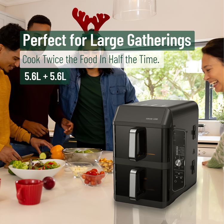 Green Lion Double-Decker Pro Digital Air Fryer with 2× 5.6L Capacity, 6 Preset Programs, 2400W Power, PP + Aluminum + ABS & PC Material, 0-60 Minutes Frying Time, Up to 230°C Temperature, BS Plug 90cm Power Cord, LED Touch Display - Black